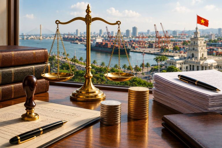Nguồn gốc chữ pháp luật trong tiếng Trung: cán cân công lý, con dấu và hồ sơ trên bàn làm việc của luật sư, phía sau là cảng biển Việt Nam