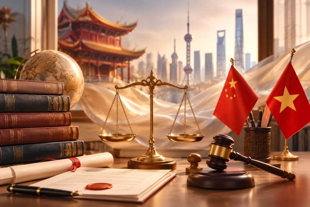 Phạt vi phạm hợp đồng Việt – Trung: cán cân công lý cùng cờ Trung Quốc và cờ Việt Nam trên bàn làm việc của luật sư