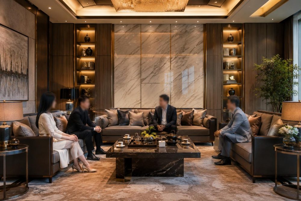 Buổi gặp gỡ đối tác trong phòng tiếp khách sang trọng, minh hoạ văn hóa bàn tiệc Trung Quốc và thứ bậc chỗ ngồi